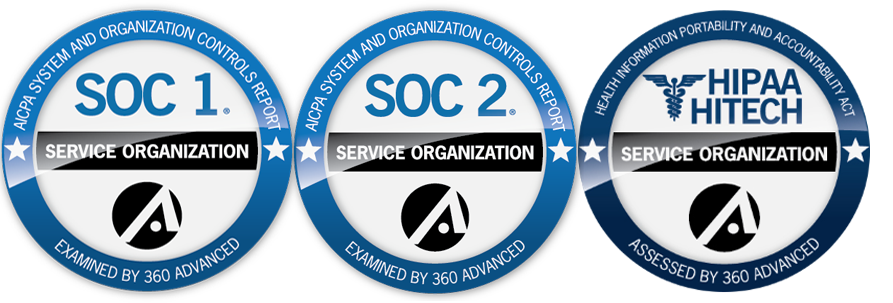 SOC 1, SOC 2, and HIPAA HITECH certification badges