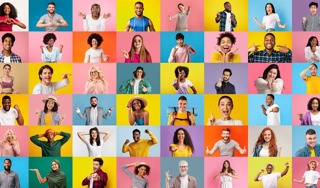 A grid of smiling portraits on bright backgrounds